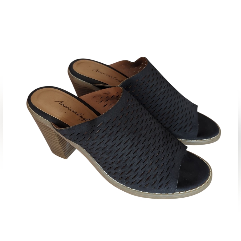 American Eagle Faux Suede Perforated Open Toe Block Heel Mules 7.5 Black